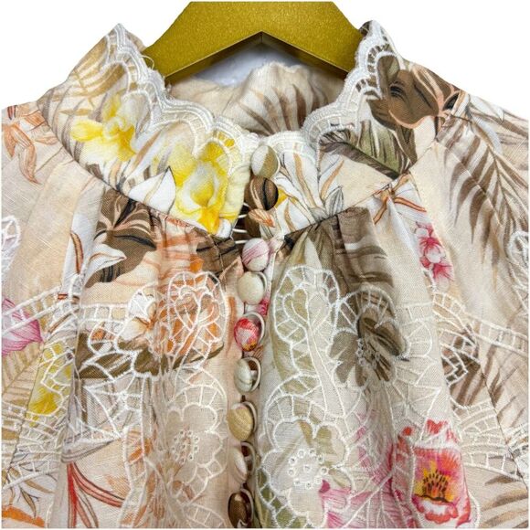 Boston Proper Floral Embroidered Button Up Linen Tunic Blouse Size M Ipanema - Picture 2 of 10